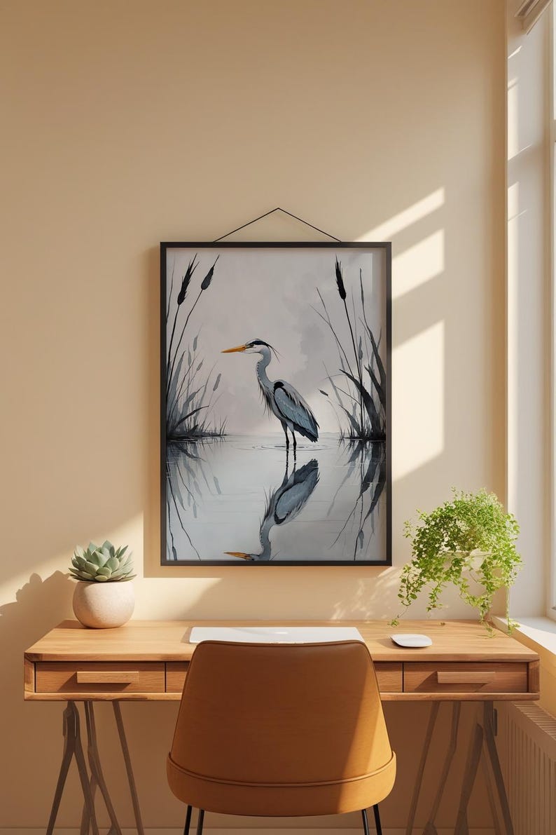Minimalist Heron | Reflected Water Bird | Zen Nature Art Bild 1