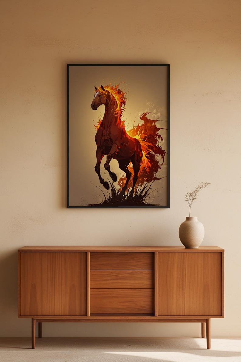 Arte de caballo de fuego / Póster de semental llameante / Decoración de pared de fantasía moderna imagen 5