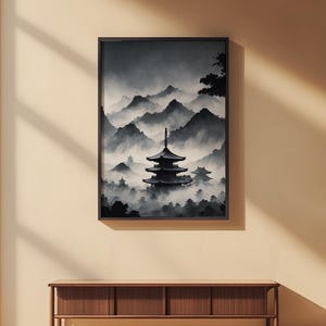 Misty Pagoda Temple | Japanese Ink Landscape | Zen Meditation Art image 2