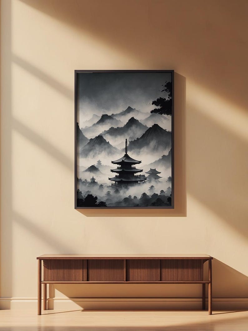 Misty Pagoda Temple | Japanese Ink Landscape | Zen Meditation Art image 2