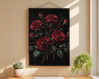 Arte botánico oscuro / Póster de rosa gótica / Decoración de pared vintage melancólica