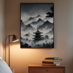 Misty Pagoda Temple | Japanese Ink Landscape | Zen Meditation Art image 3