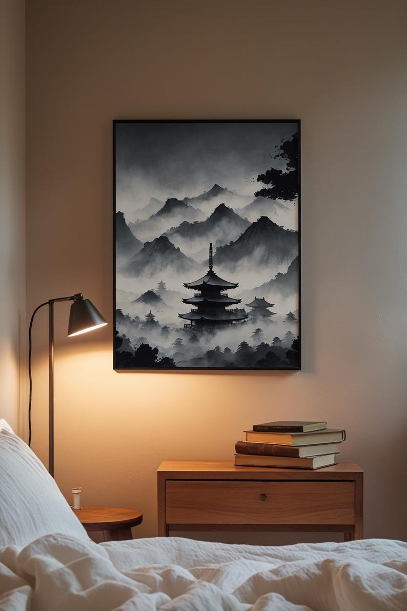 Misty Pagoda Temple | Japanese Ink Landscape | Zen Meditation Art image 3