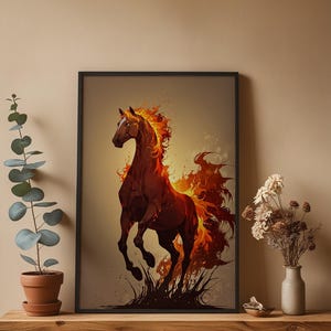 Arte de caballo de fuego / Póster de semental llameante / Decoración de pared de fantasía moderna imagen 4
