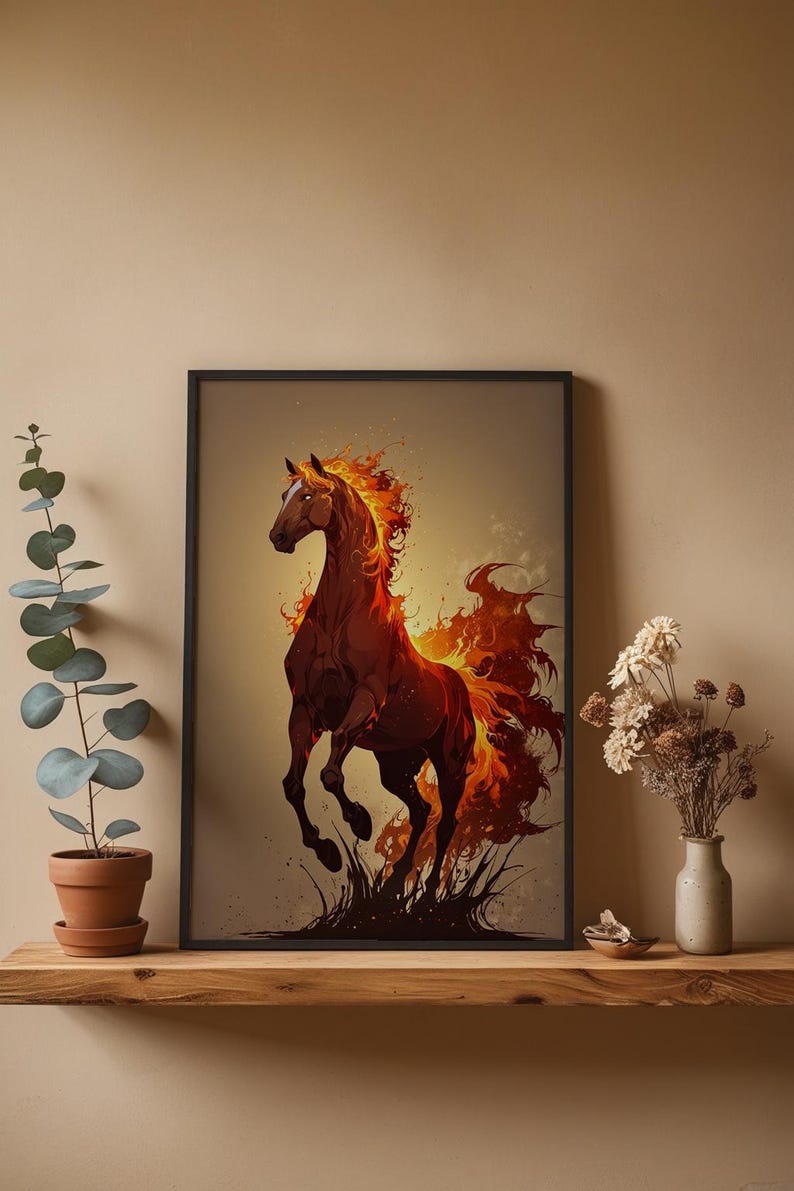 Arte de caballo de fuego / Póster de semental llameante / Decoración de pared de fantasía moderna imagen 4
