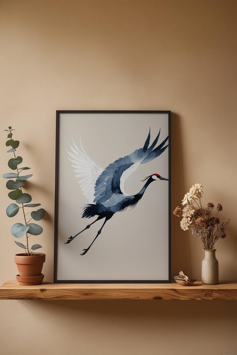 Ink Crane Flight | Japanese Minimalist Bird Art | Zen Wall Decor Bild 4