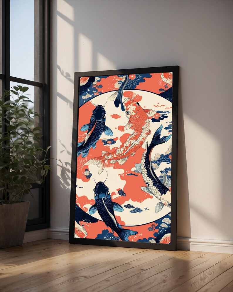 Koi Fish Circle | Japanese Water Art | Zen Ikat Pattern Poster image 9
