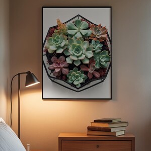 Geometric terrarium art print mockup in a minimalist bedroom setting with warm lighting emphasizing botanical details and layered succulent colors