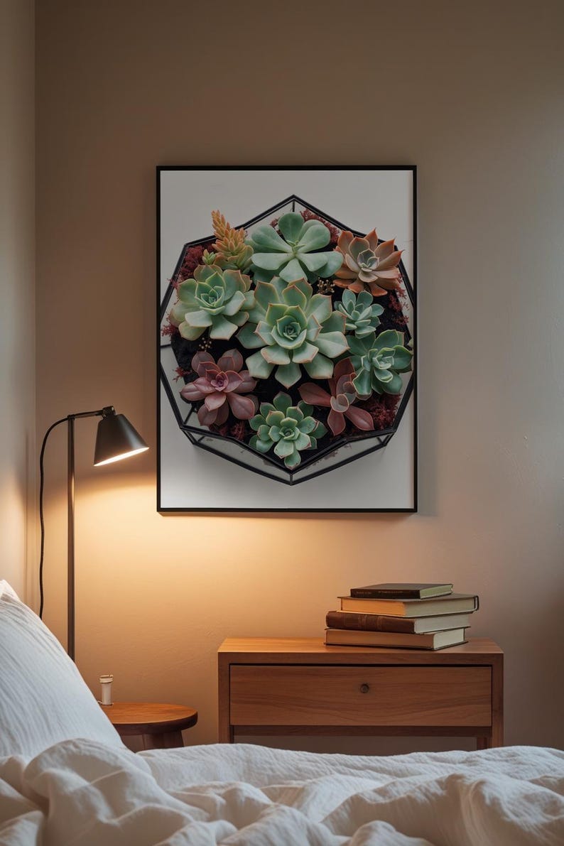 Geometric terrarium art print mockup in a minimalist bedroom setting with warm lighting emphasizing botanical details and layered succulent colors