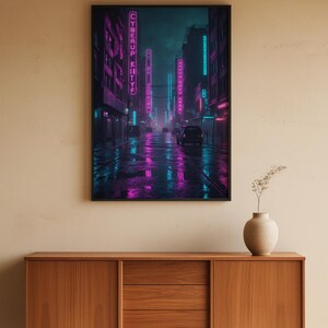 Cyberpunk Neon City | Rainy Street Poster afbeelding 5