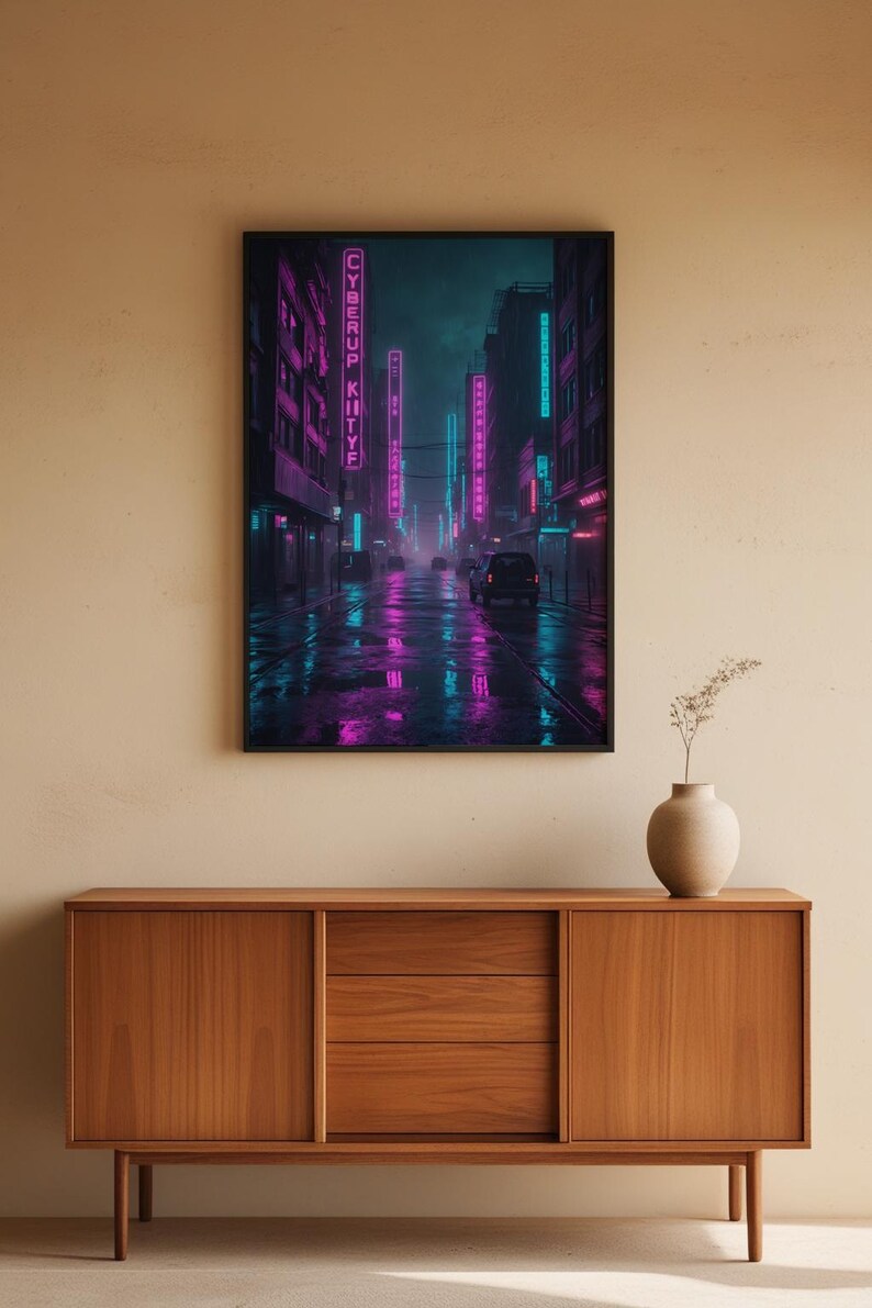 Cyberpunk Neon City | Rainy Street Poster afbeelding 5