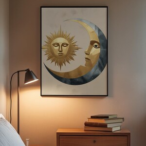 Celestial Wall Art | Modern Minimalist Poster | Abstract Sun Moon Gold Silver imagem 3
