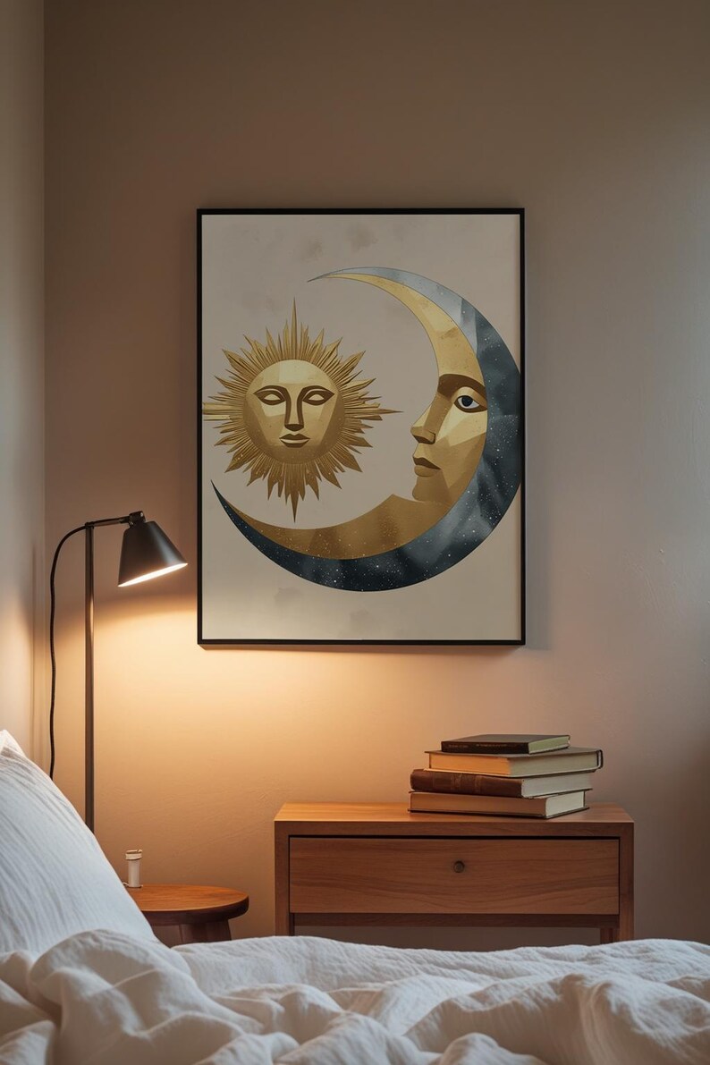 Celestial Wall Art | Modern Minimalist Poster | Abstract Sun Moon Gold Silver imagem 3