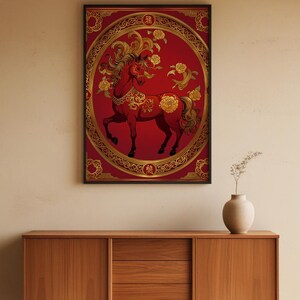 Chinese horse art | Red gold zodiac poster | Asian wall decor Bild 5