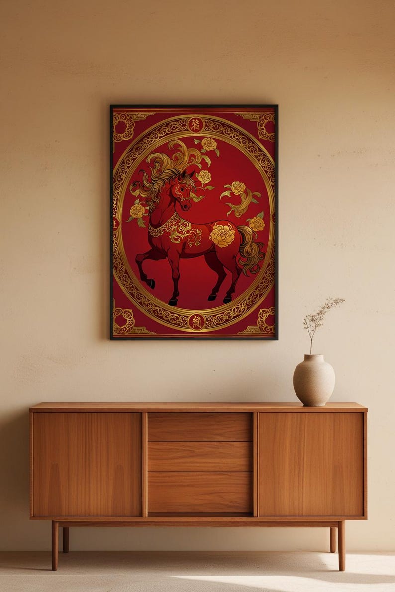 Chinese horse art | Red gold zodiac poster | Asian wall decor Bild 5