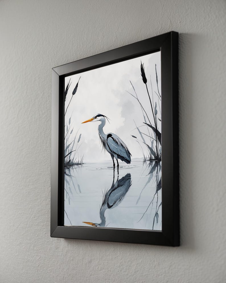 Minimalist Heron | Reflected Water Bird | Zen Nature Art Bild 8