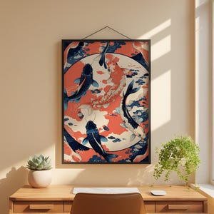 Koi Fish Circle | Japanese Water Art | Zen Ikat Pattern Poster image 1