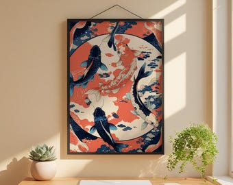 Koi Fish Circle | Japanese Water Art | Zen Ikat Pattern Poster