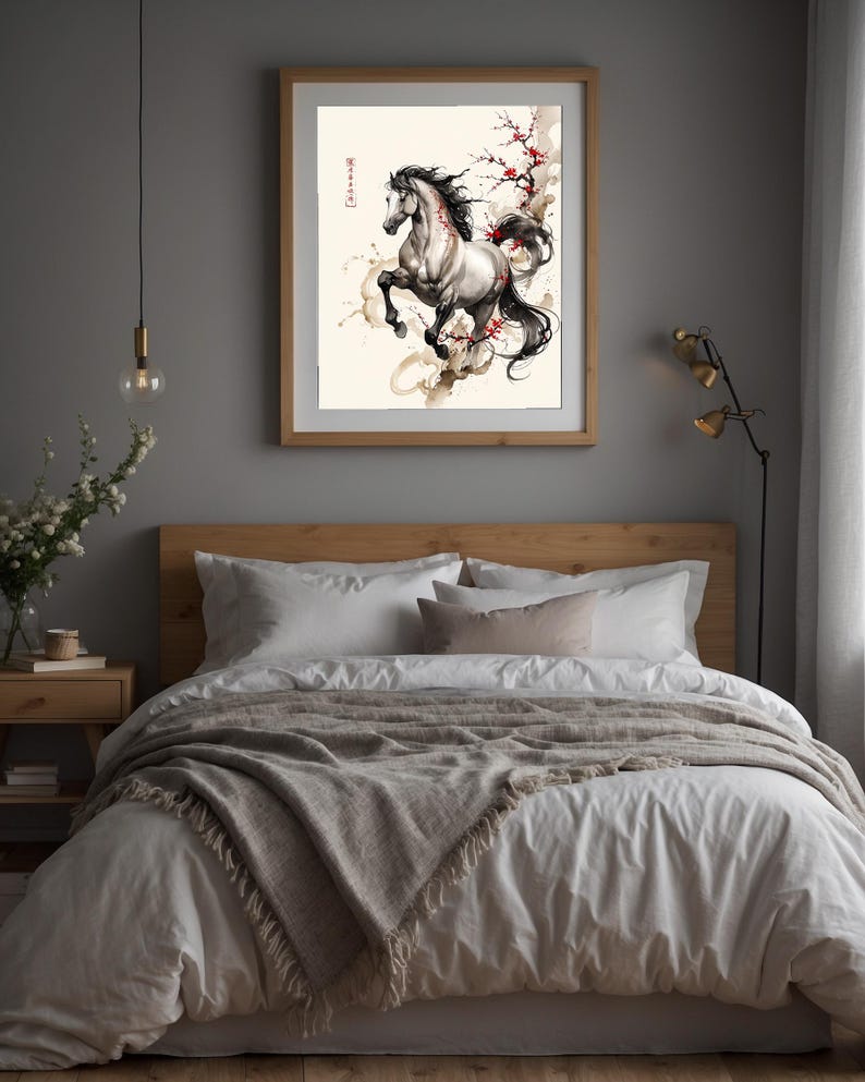 Horse Cherry Blossom | Asian Ink Art Print | Japanese Watercolor Poster 画像 10
