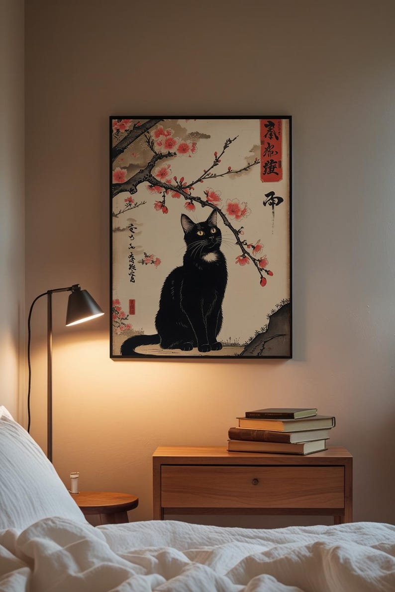 Black Cat Cherry Blossoms | Asian Wall Art Poster image 3