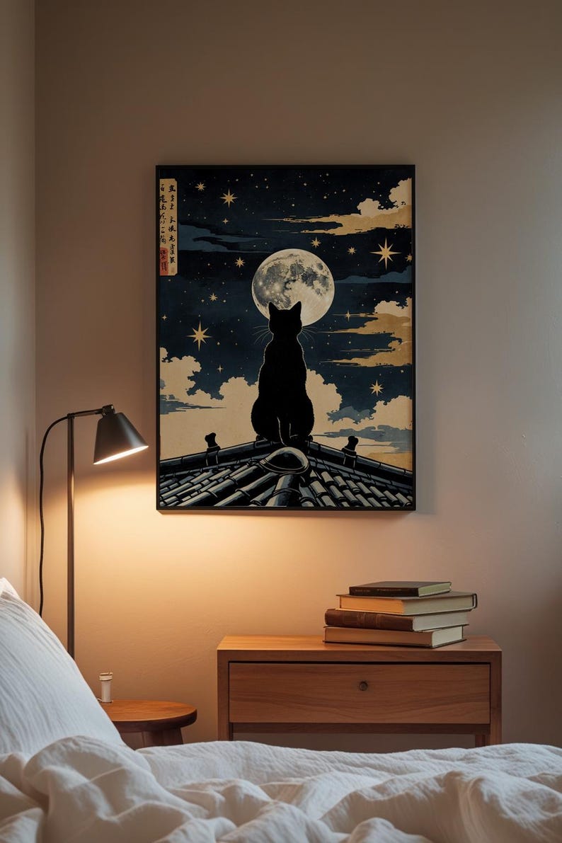 Cat Moon Night | Japanese Ukiyo-e Style Poster imagem 3