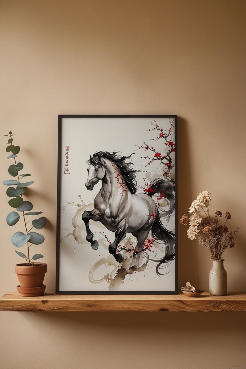 Horse Cherry Blossom | Asian Ink Art Print | Japanese Watercolor Poster 画像 4