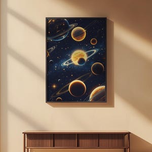 Solar system wall art poster displayed in a modern office space above a wooden desk with plants and natural light