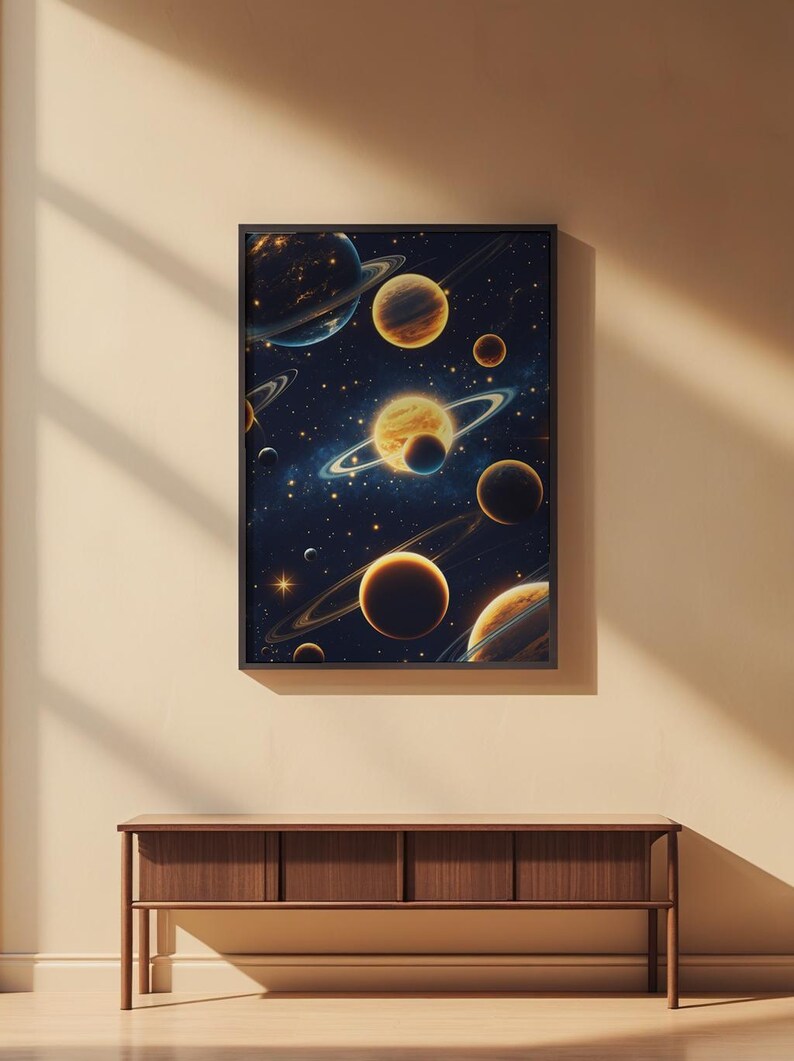 Solar system wall art poster displayed in a modern office space above a wooden desk with plants and natural light