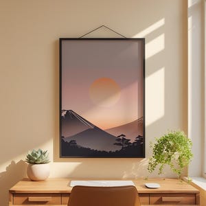 Impression Mont Fuji | Art mural zen japonais | Décoration heure dorée image 1