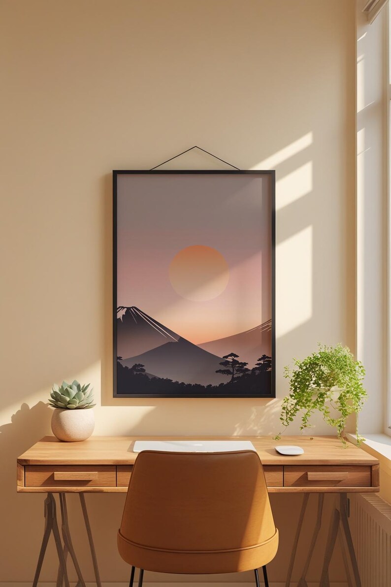 Impression Mont Fuji | Art mural zen japonais | Décoration heure dorée image 1