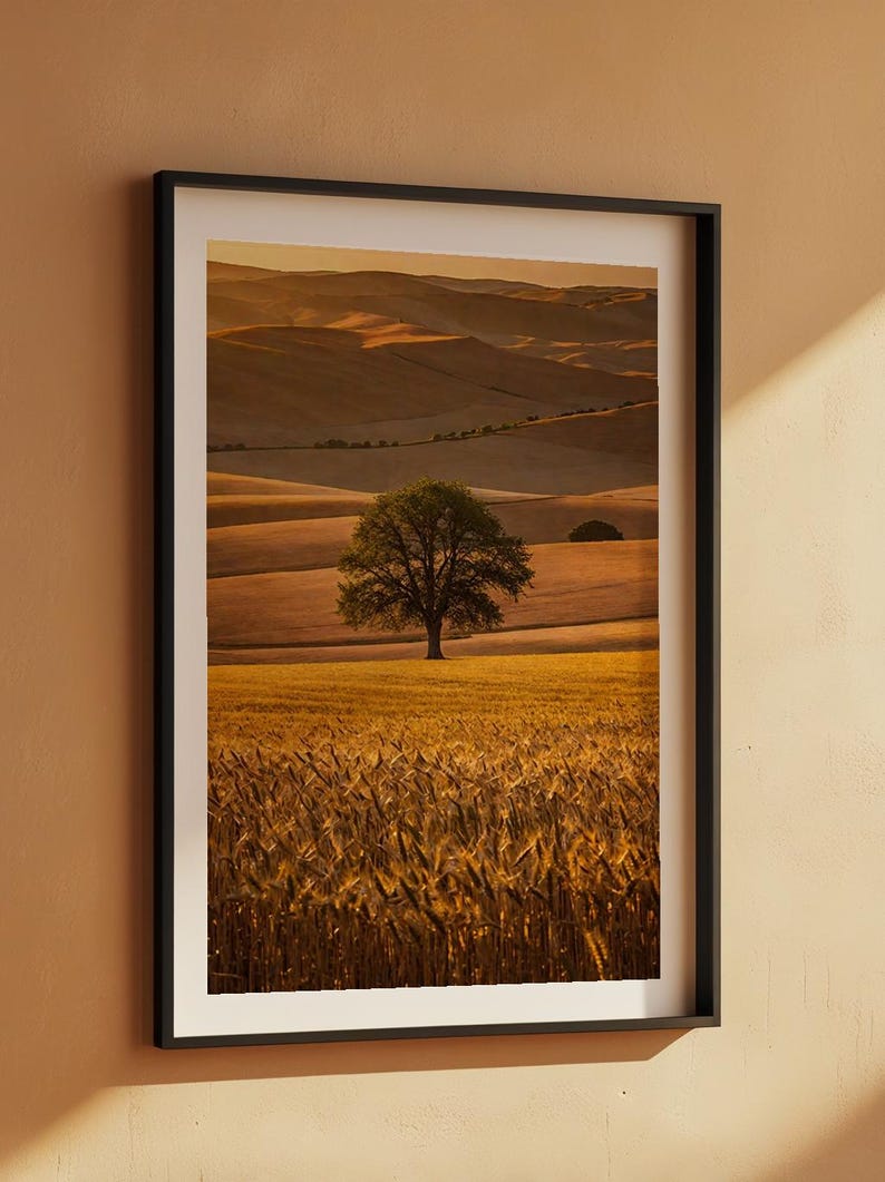 Arte paisajístico de la Toscana / Póster de colinas onduladas / Impresión de una campiña dorada imagen 7