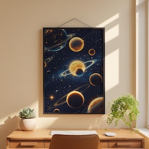 Solar system poster featuring glowing golden planets with rings against a deep blue starfield filled with twinkling stars and cosmic details