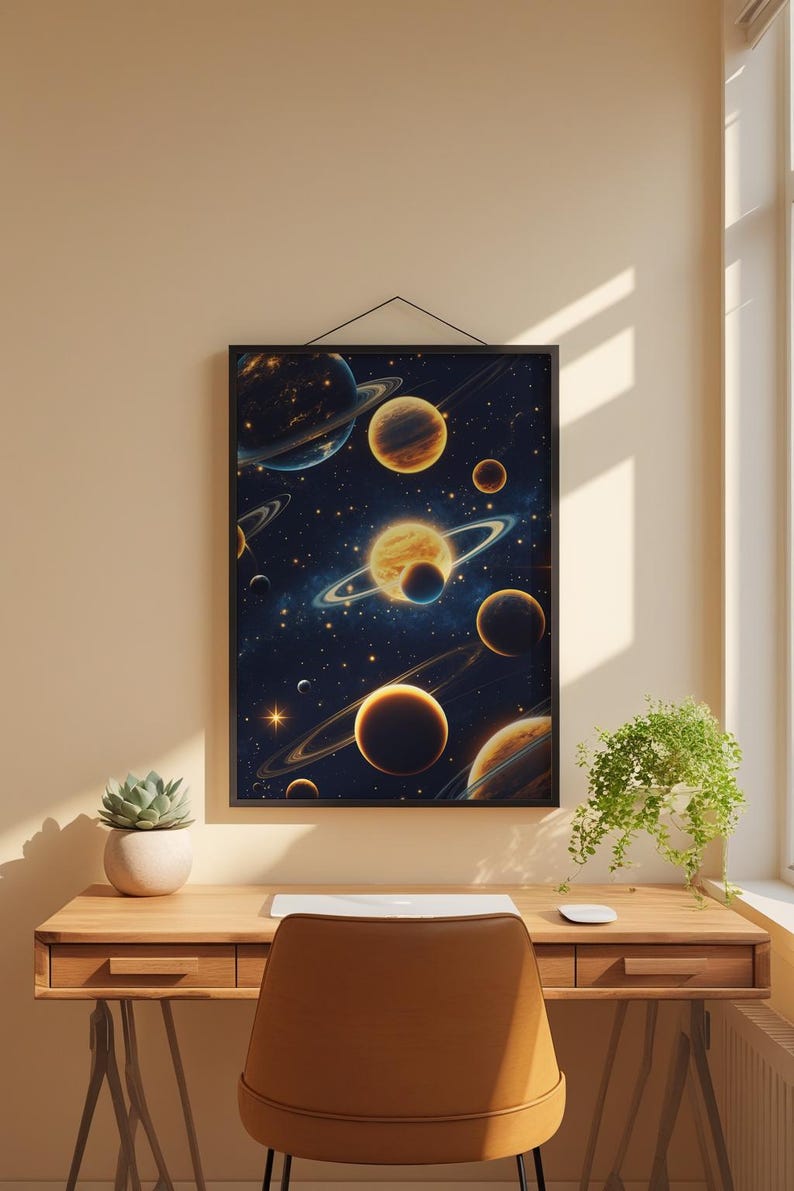Solar system poster featuring glowing golden planets with rings against a deep blue starfield filled with twinkling stars and cosmic details
