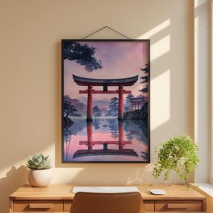 Torii gate wall art poster featuring a serene Japanese temple gateway with red gate structure, misty mountains, ancient pine trees, and soft pink and purple twilight sky reflecting in still water