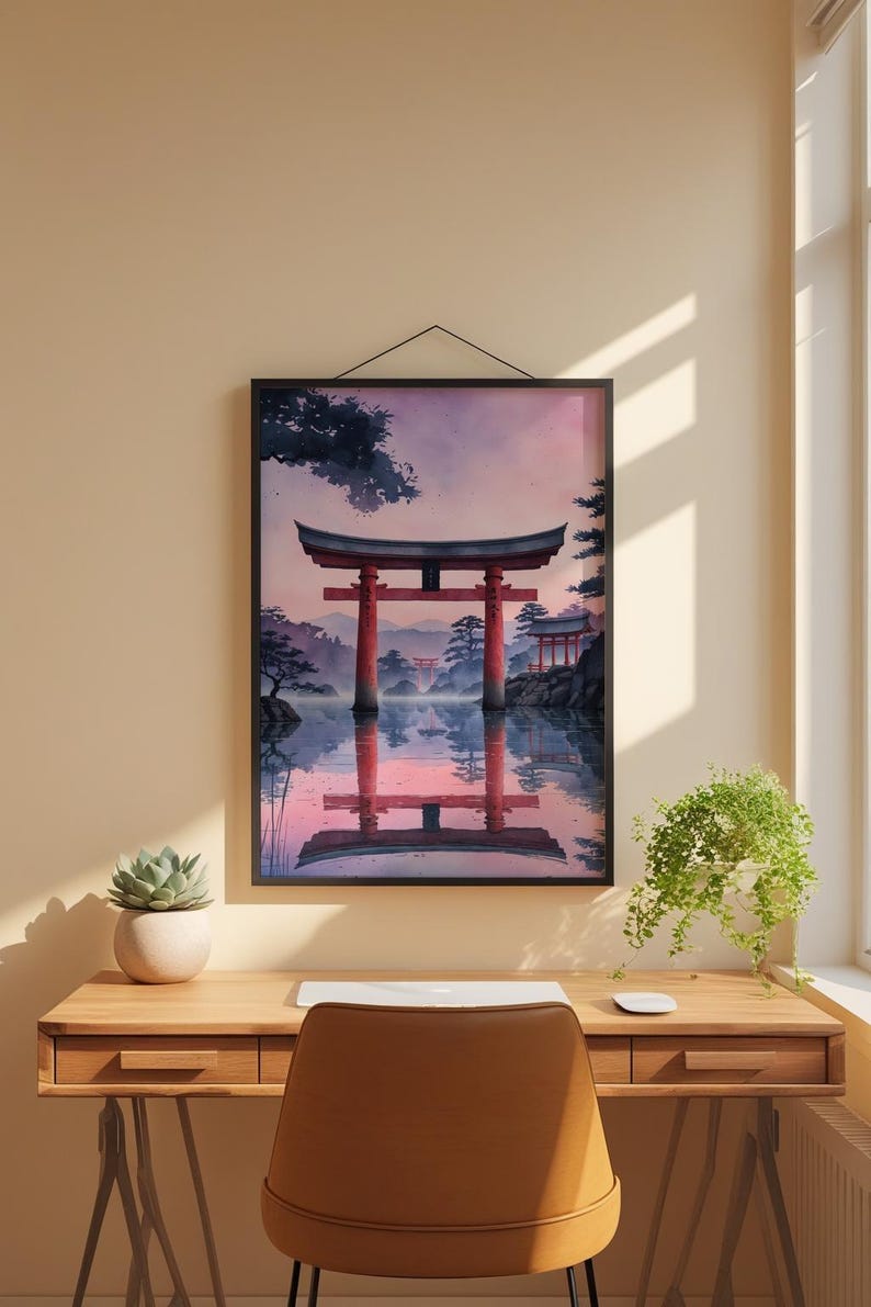 Torii gate wall art poster featuring a serene Japanese temple gateway with red gate structure, misty mountains, ancient pine trees, and soft pink and purple twilight sky reflecting in still water