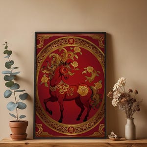 Chinese horse art | Red gold zodiac poster | Asian wall decor Bild 4