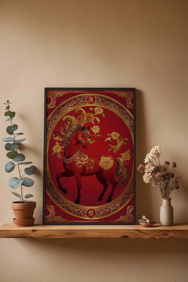 Chinese horse art | Red gold zodiac poster | Asian wall decor Bild 4