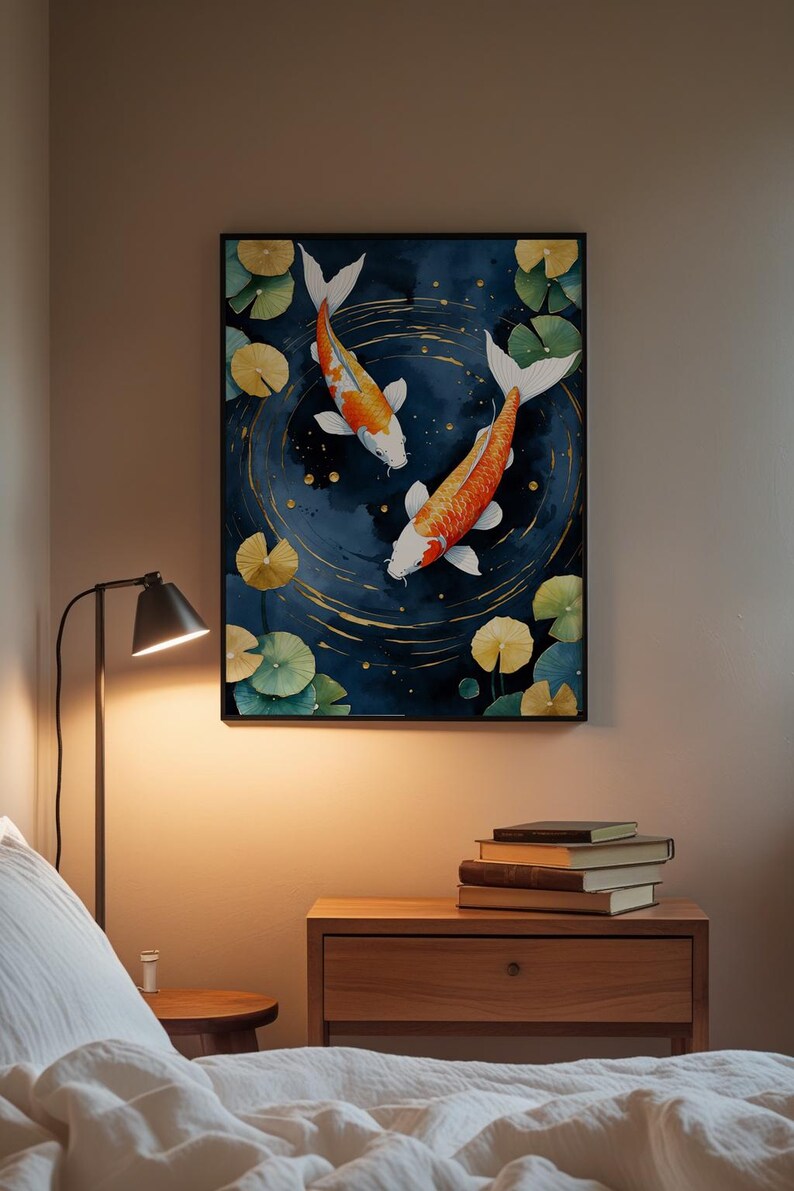 Koi Fish Zen Art | Japanese Garden Poster | Indigo Gold Wall Decor image 3