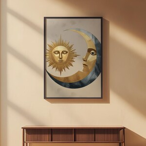 Celestial Wall Art | Modern Minimalist Poster | Abstract Sun Moon Gold Silver imagem 2