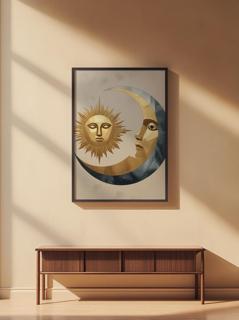 Celestial Wall Art | Modern Minimalist Poster | Abstract Sun Moon Gold Silver imagem 2