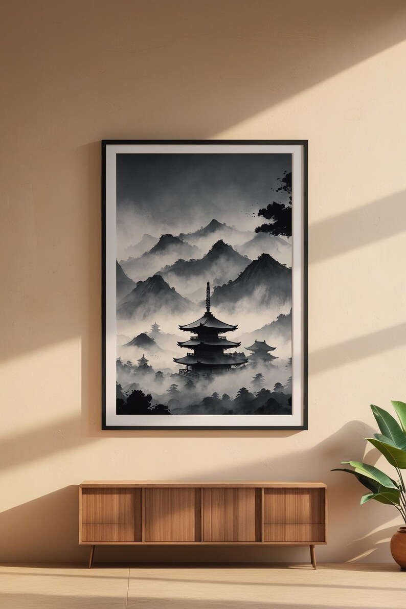 Misty Pagoda Temple | Japanese Ink Landscape | Zen Meditation Art image 6