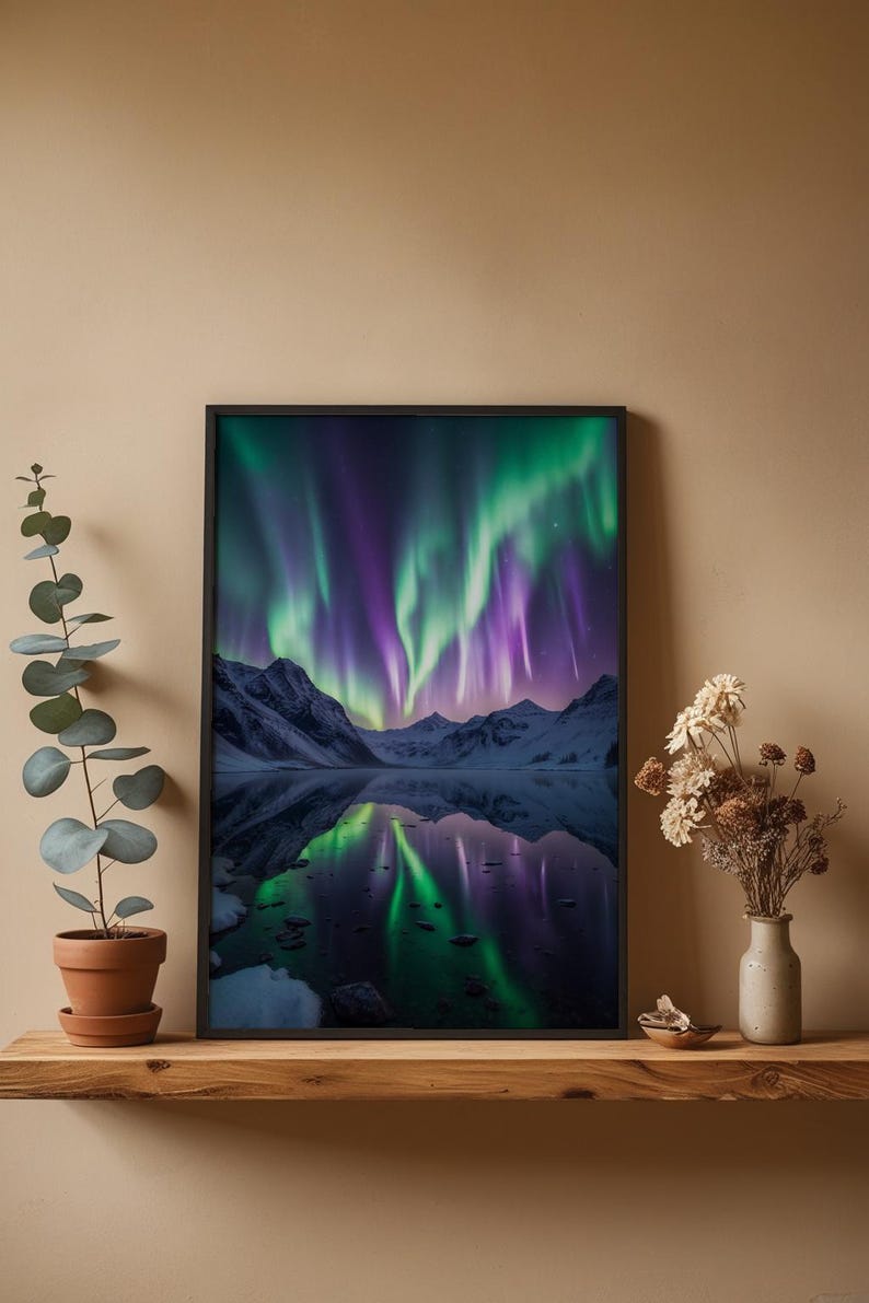 Aurora Lake Reflection | Northern Lights Mountain Landscape | Magical Night Bild 4