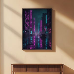 Cyberpunk Neon City | Rainy Street Poster afbeelding 2