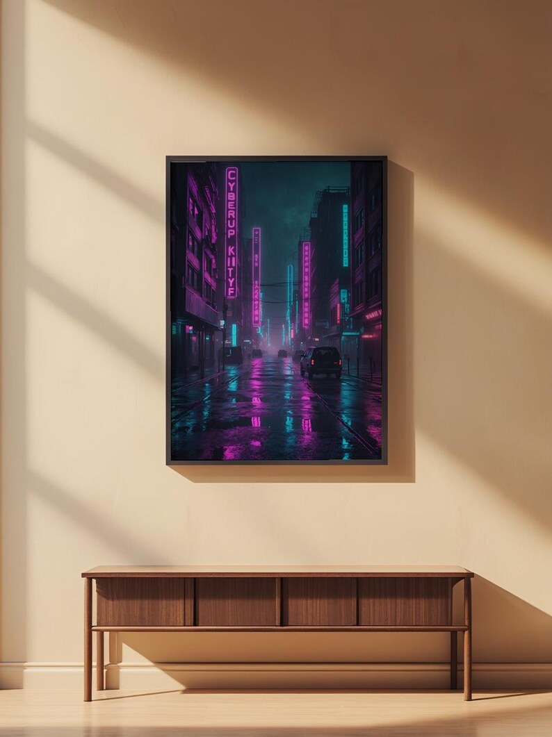 Cyberpunk Neon City | Rainy Street Poster afbeelding 2