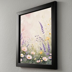 Prado de flores silvestres en tonos pastel / Póster botánico romántico / Arte de acuarela suave imagen 2