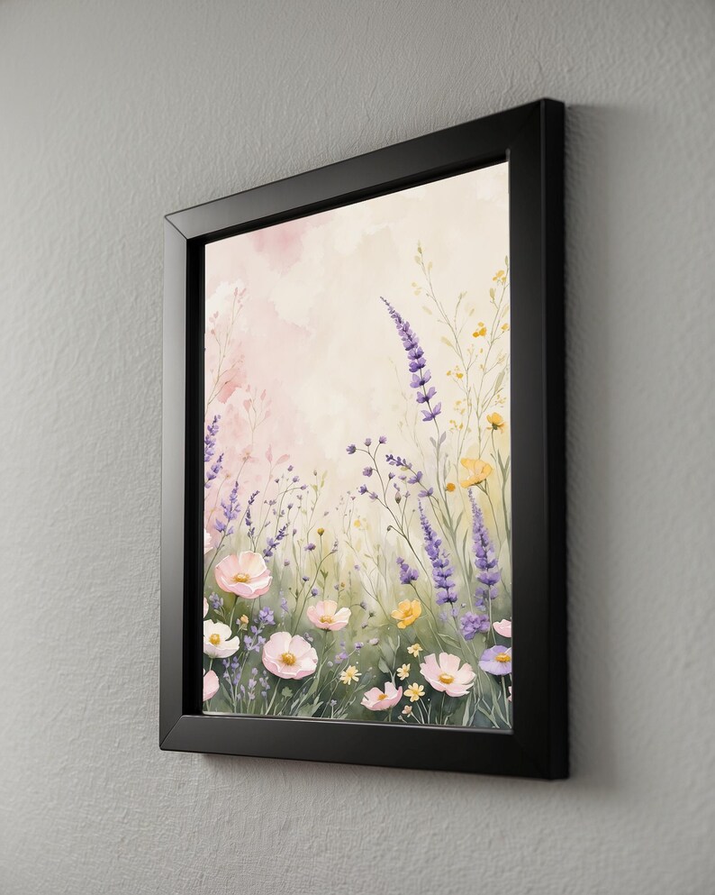 Prado de flores silvestres en tonos pastel / Póster botánico romántico / Arte de acuarela suave imagen 2