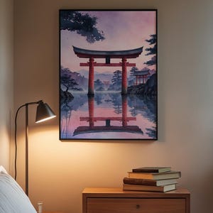 Japanese temple torii gate framed art print mockup in a cozy home office with plants, showing the watercolor-inspired landscape with atmospheric depth and peaceful zen aesthetic