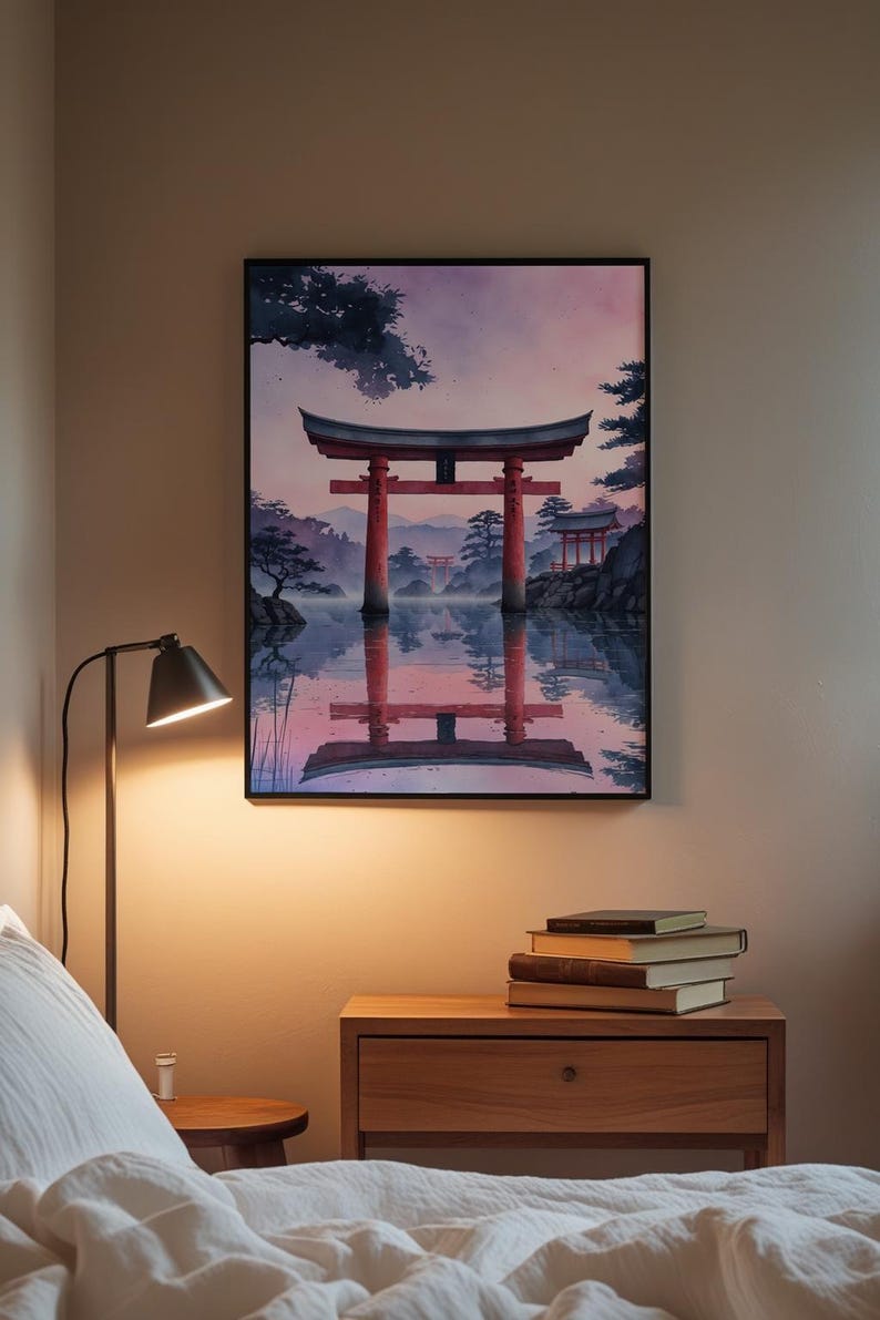 Japanese temple torii gate framed art print mockup in a cozy home office with plants, showing the watercolor-inspired landscape with atmospheric depth and peaceful zen aesthetic