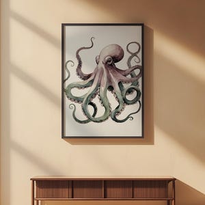 Póster de pulpo en acuarela, arte marino suave y criatura marina caprichosa imagen 2