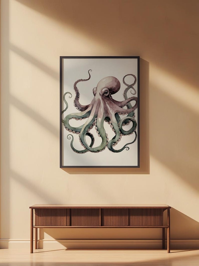 Póster de pulpo en acuarela, arte marino suave y criatura marina caprichosa imagen 2